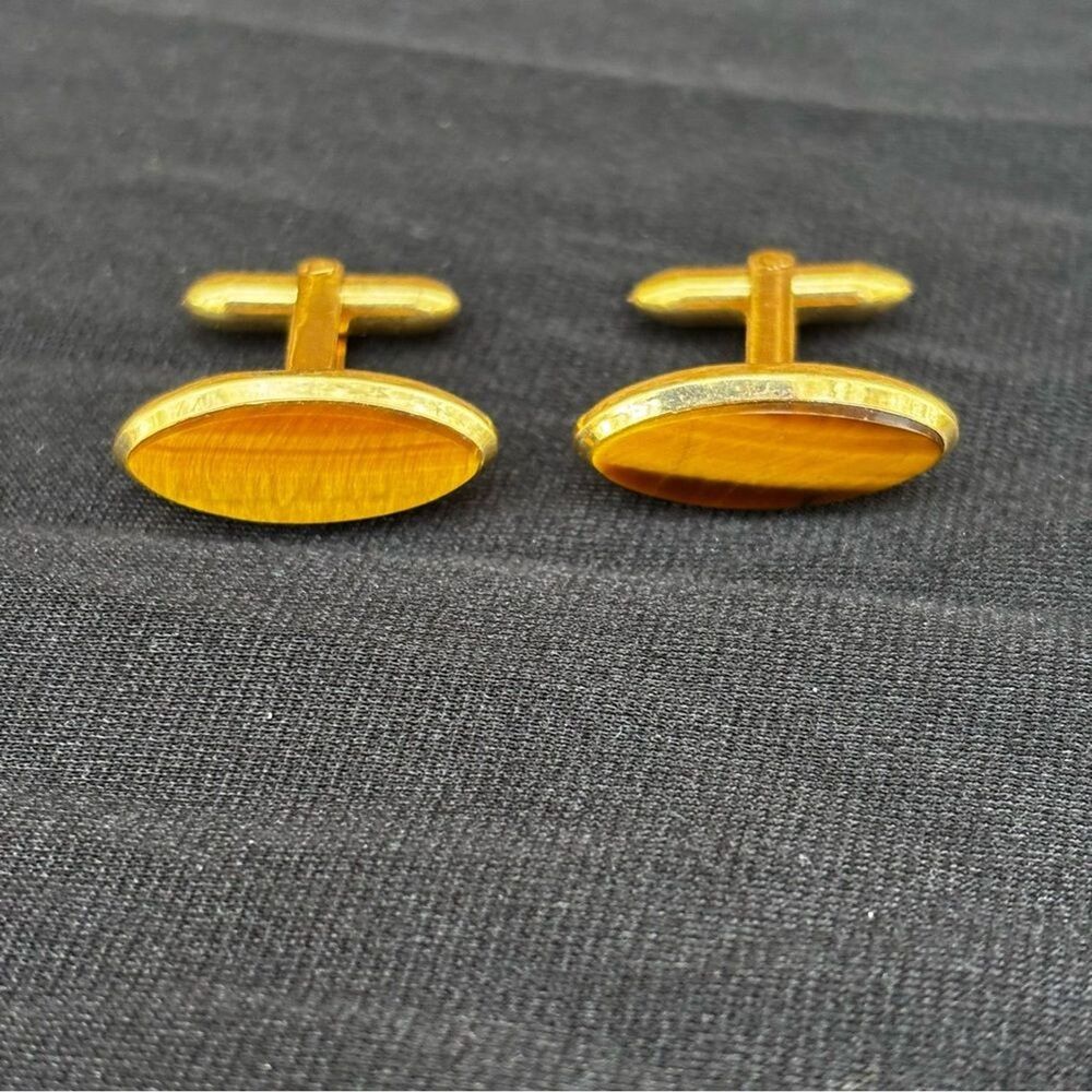 Vintage 1/20 14K Gold Filled Long Oval Tiger Eye Cufflinks Retro Eclectic